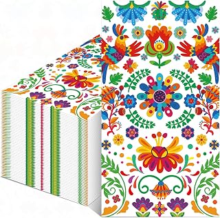 Pack of 50, Mexican Fiesta Paper Napkins, Colorful Floral Folk Art Design, Disposable Napkin for Cinco de Mayo, Taco Night, Birthday, Day of the Dead, Fiesta Table Decorations, 13x15.7 Inches Unfolded