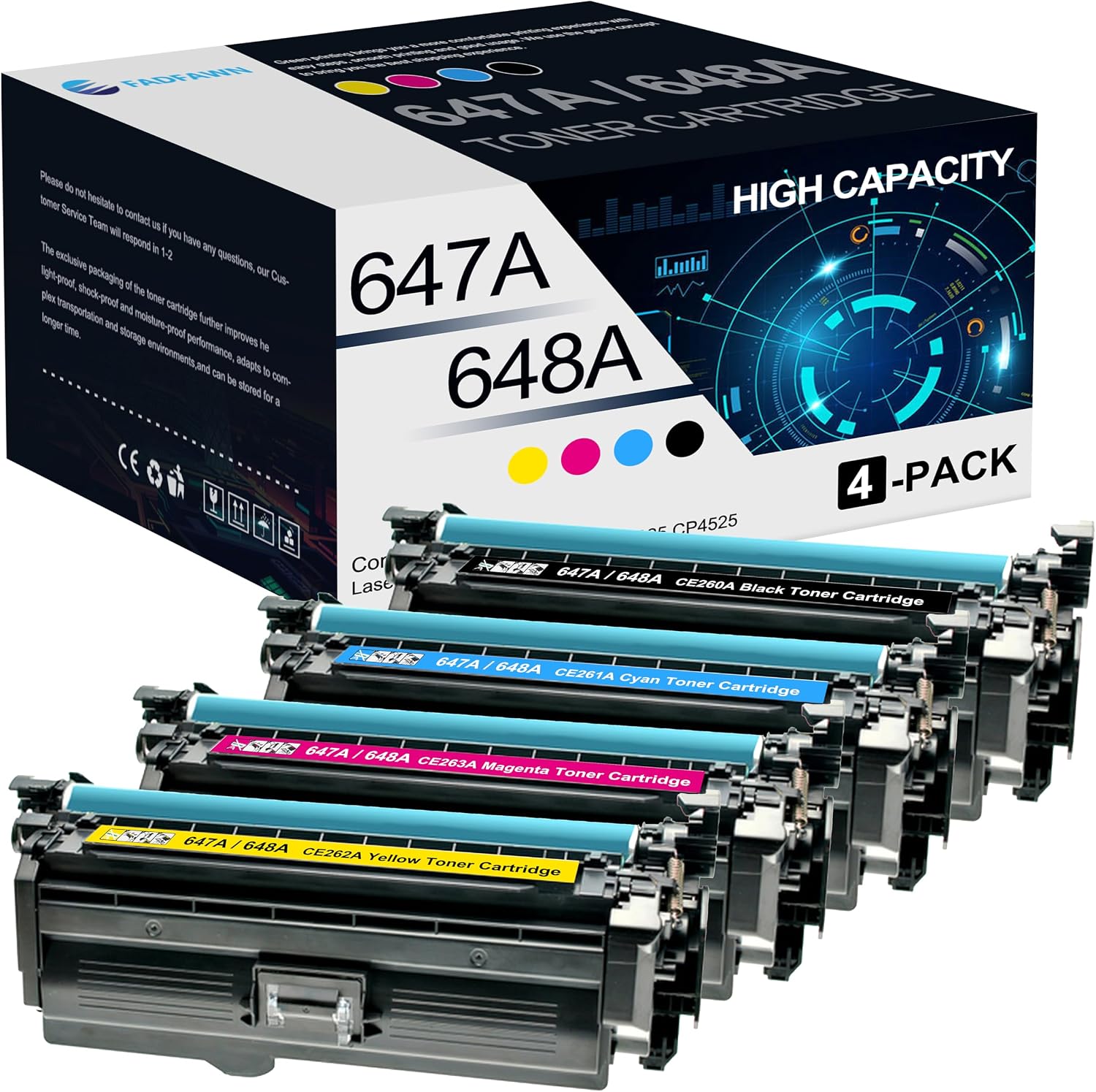 647A 648A High Yield Toner Cartridges 4 Pack(BK/C/M/Y): Compatible CE260A CE261A CE262A CE263A Toner Replacement for HP 647A 648A for Laser Enterprise CM4540 CP4025 CP4525 Printers