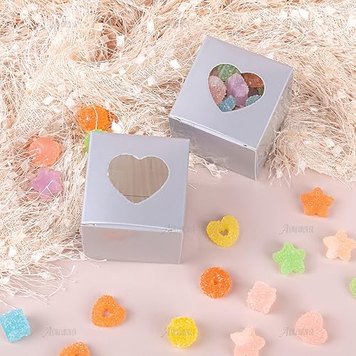 Miniatura 7 de AUEAR, Paquete de 50 cajas de regalo de papel kraft con ventana de corazón de plástico transparente de 2 x 2 x 2 pulgadas, cajas de regalo grises