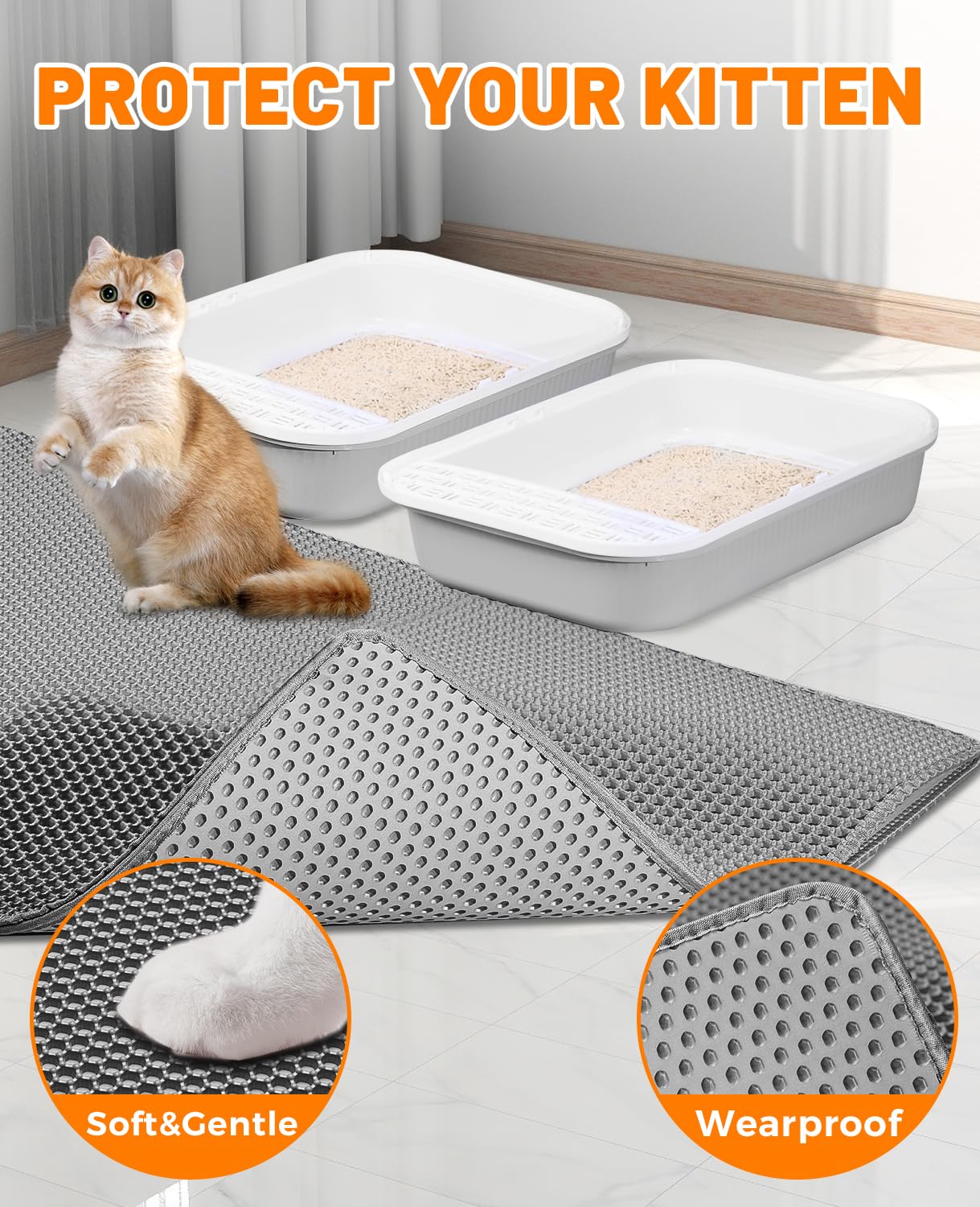 Katzenstreu-Matte, extra groß, 116,8 x 68,6 cm, Waben-Doppelschicht-Design, urin- und wasserdichtes Material, rutschfest und phthalatfrei, waschbar, leicht zu reinigen, Grau