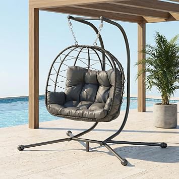 Pamapic 700 LBS Double Egg Chair Outdoor, UV Resistant Cushions Hanging Egg Chair with Armrests & Headrest, Thick Steel Frame Egg Swing Chair with Stand, for Relaxing & Reading Outside/InsideGrey