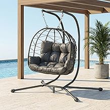 Pamapic 700 LBS Double Egg Chair Outdoor, UV Resistant Cushions Hanging Egg Chair with Armrests & Headrest, Thick Steel Frame Egg Swing Chair with Stand, for Relaxing & Reading Outside/Inside(Grey)