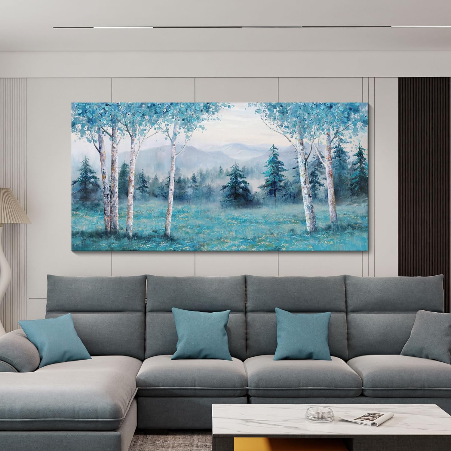 Wall Art for Living Room Large Modern Wall Decor Canvas Paintings for Wall Decoration Forest on blue Background Bedroom Office Artwork greenr Art Prints Framed