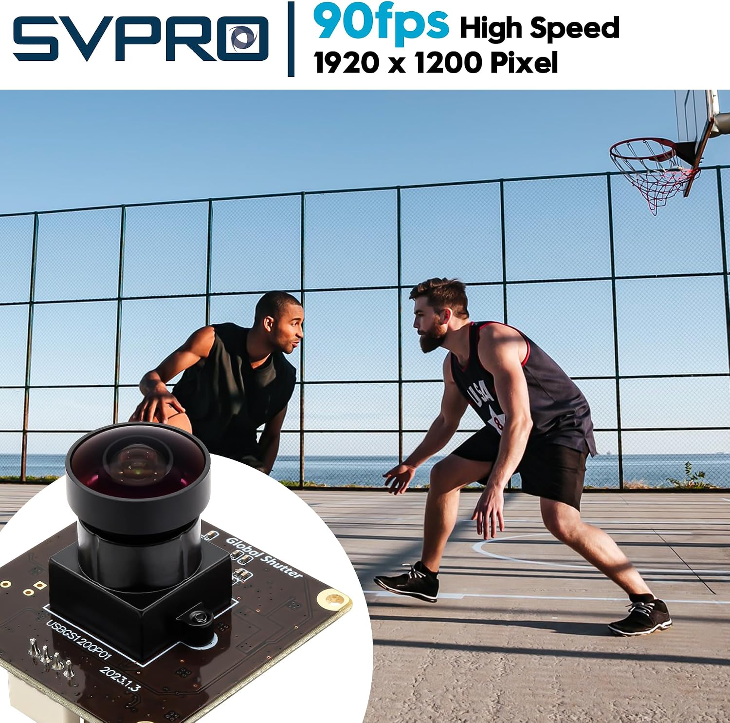 SVPRO 2MP Global Shutter USB Camera Board 90fps High-Speed Webcam Module with Fisheye Lens Wide-Angle Slow-Motion Camera 1920x1200 AR0234 UVC Cam for Computers, Laptops, Android Devices