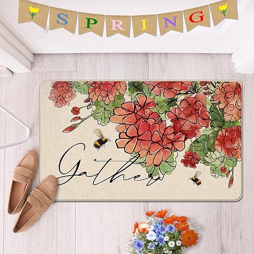 Miniatura 2 de Tailus Tapete decorativo de primavera y verano con flores florales para puerta delantera, tapete de geranio rojo para interiores y exteriores,