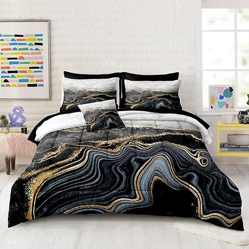 Miniatura 2 de Move Over Juego de cama en una bolsa de mármol negro y dorado, tamaño Queen, 8 piezas, juego de ropa de cama de mármol abstracto, estilo moderno,