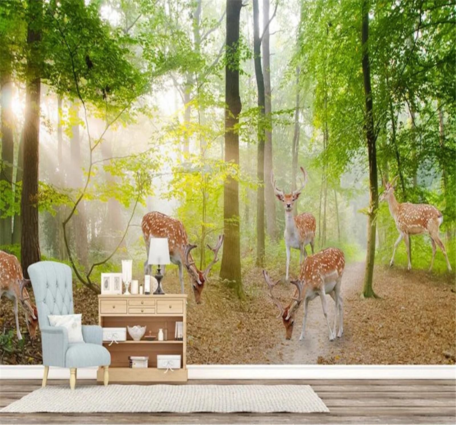 XLMING Minimalist Fresh Green Forest Reindeer 3D Wallpaper Luxury Silk Study Dining Feature Sofa Grey Bedroom Living Room Tv Decorative Wall-430cm×300cm
