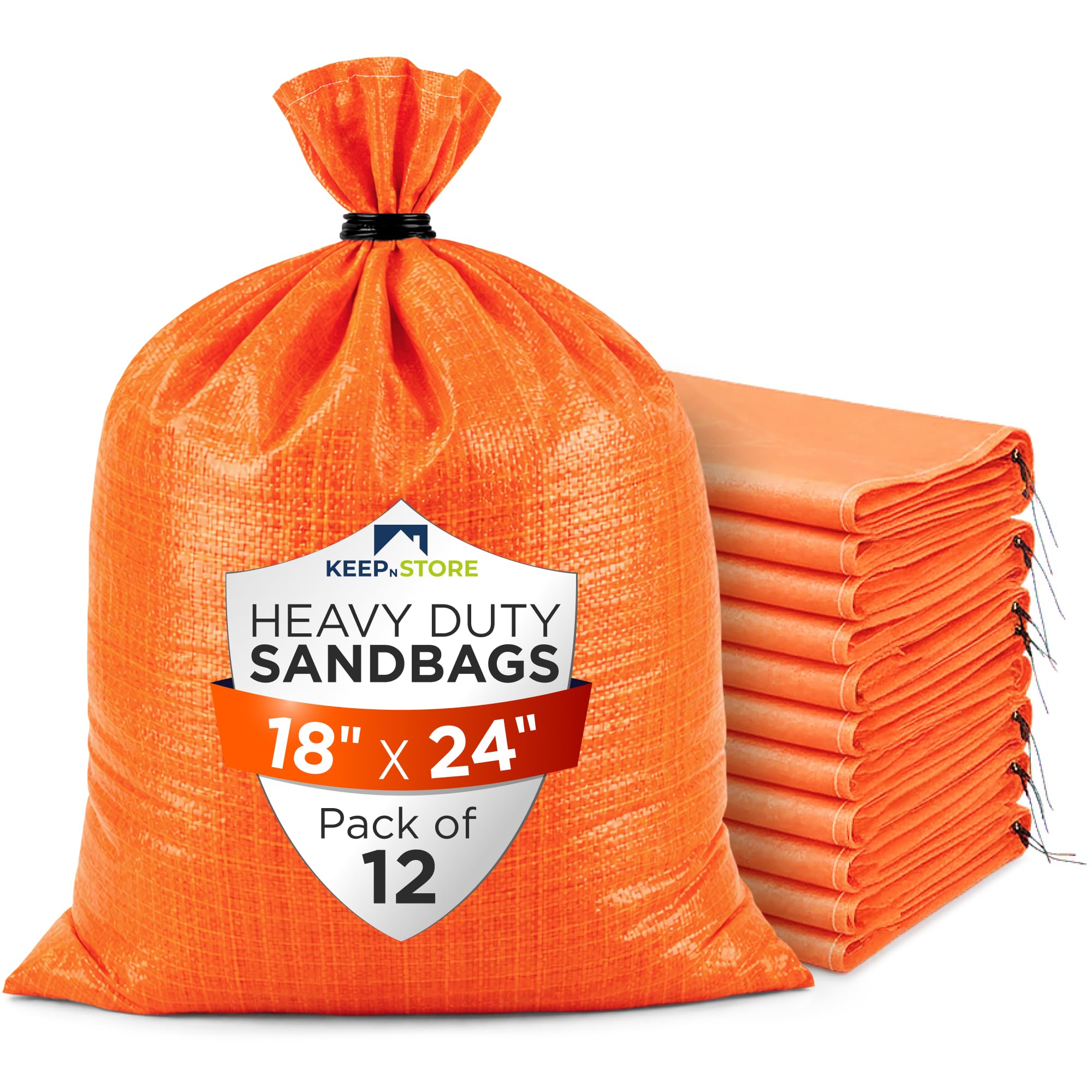 Heavy Duty Sand Bags Pack of 12, Bright Orange Empty Sandbags with Built-In Ties, Woven Polypropylene UV Protection 1600 Hours, Fillable Bags for Flood Control, Weight, 18x24 inches, 60 Pounds Volume