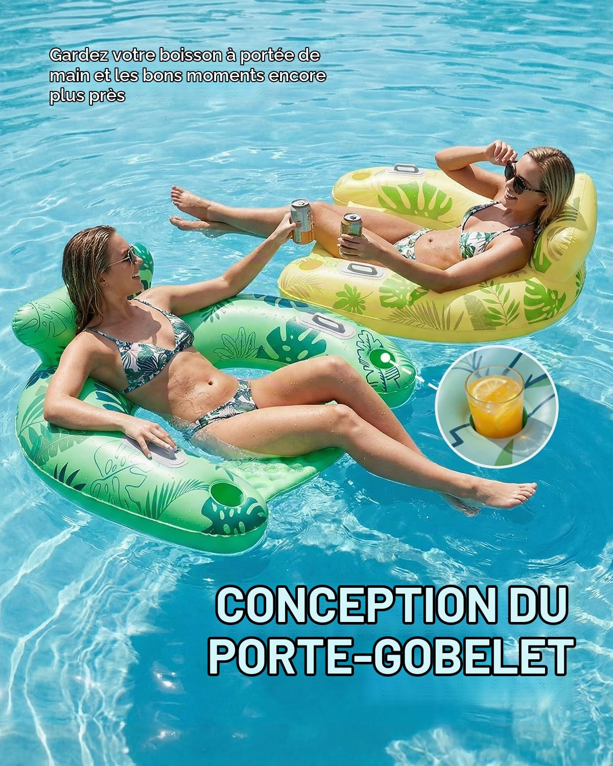 SOLAVERO Fauteuil Gonflable Piscine, 119 x 86 cm Bouee Gonflable Adultes avec Porte-Gobelets & Poignée, Chaise Piscine d'Été pour Détente et Pool Party