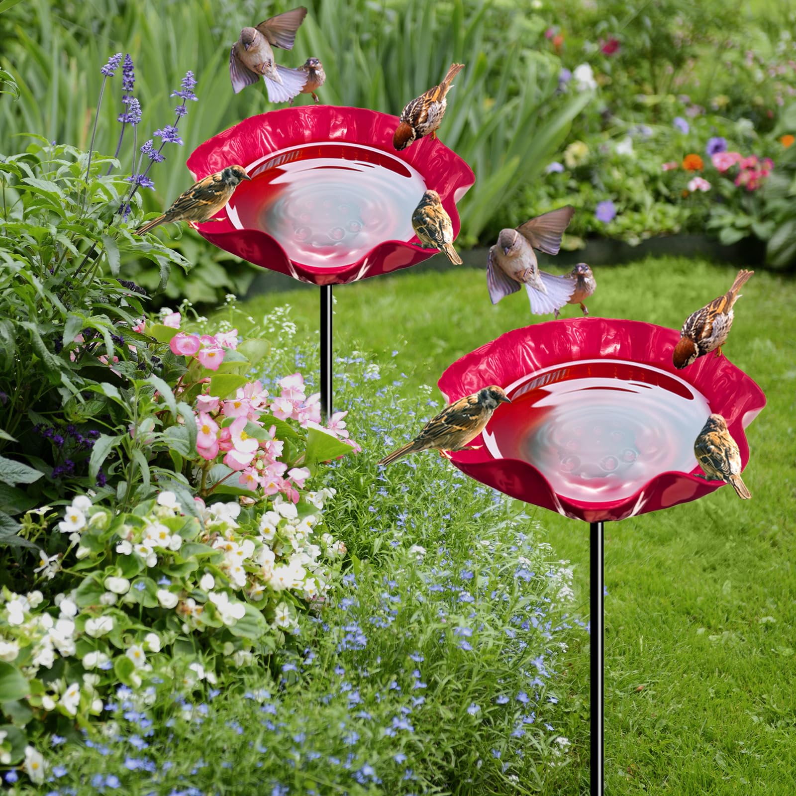 Flintronic 2 Pack Metal Bird Bath for Garden, Freestanding Outdoor Birdbath, Flower-Shaped Feeder, Iron Vivid Bird Watering Station for Birds Bees Butterfly Outside Garden Courtyard Decor