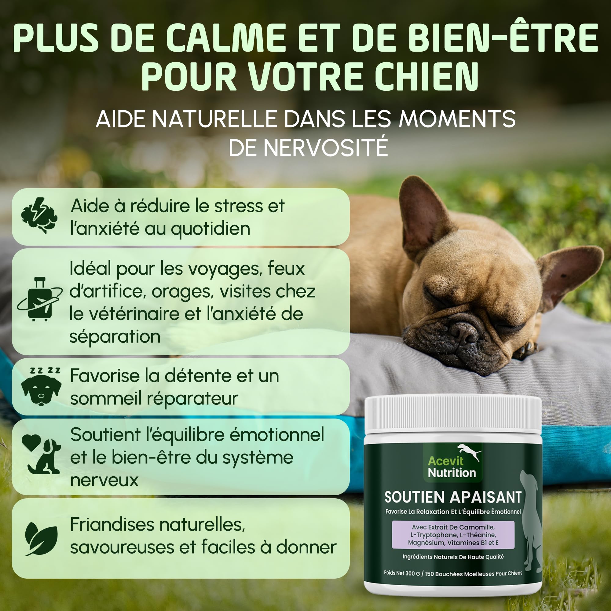 Calmant Chien Anti-Stress, 150 bouchées, 100% Naturel – Formule Vétérinaire Avancée – Chiens anxieux, stressés ou hyperactifs – Bruits, Séparation, Voyages et Feux d’Artifice