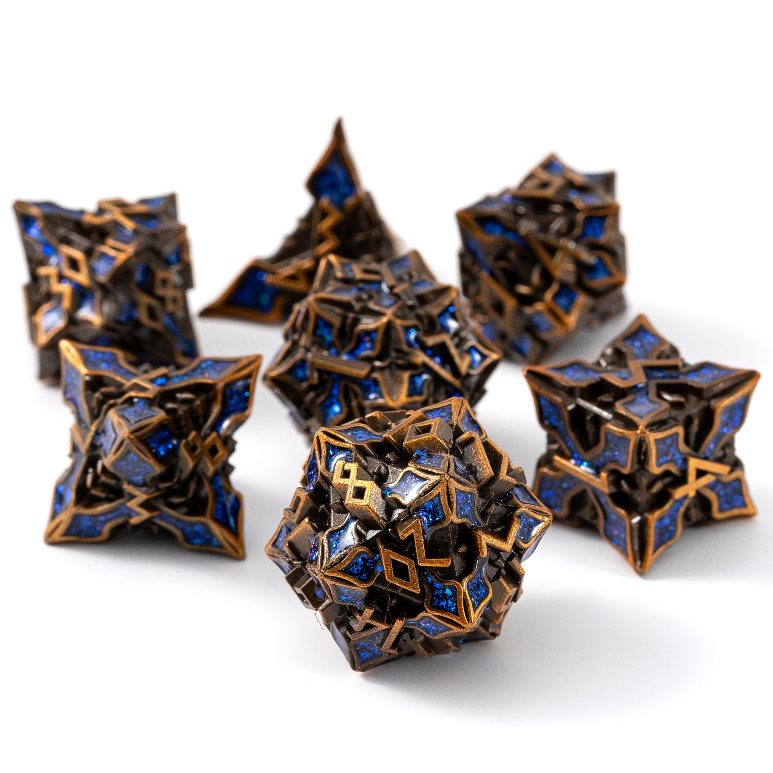 Dadi in metallo per DND, serie Spire Sanctum, set di dadi poliedrici per D&D, giochi di ruolo e altro ancora, rotoli bilanciati, bellissimo set da 7 pezzi per dungeons and dragon (oro antico blu