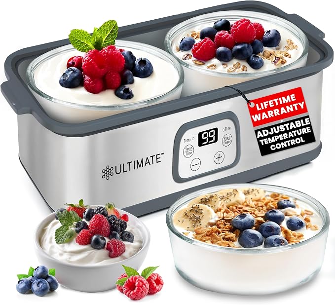 Ultimate Probiotic Yogurt Maker with Adjustable Time & Temp Control - Make Trillions of Live Probiotics with Two 1-Quart Containers for Larger Batches - Greek Yogurt Maker - ULTIMATE LIFETIME WARRANTY