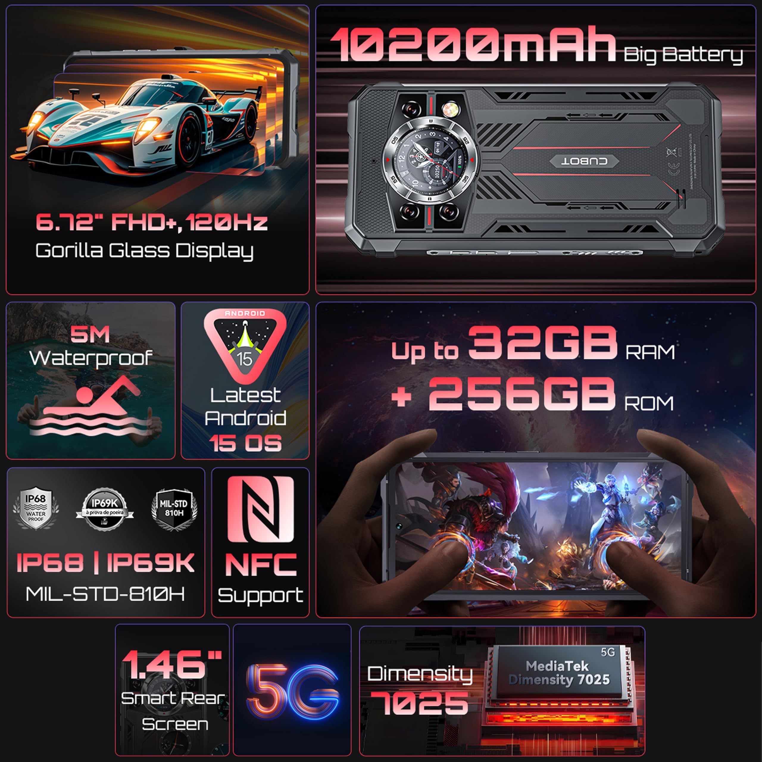 KingKong 11 – Smartfon 5G 6,72" FHD+ 120Hz, 16GB RAM (+16GB rozszerzane), 256GB ROM, Aparat 108MP, Bateria 10200mAh, Android 15, Dimensity 7025, Czarny