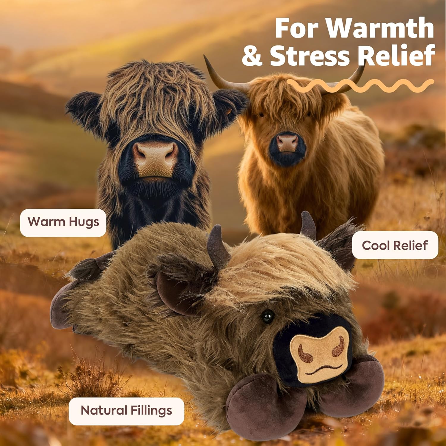 Onsoyours Original Heatable & Weighted Highland Cow Stuffed Animals, 3.35 lbs Microwavable Plushies for Stress Relief - 20" Large Comfort Soft Plush Toys for Kids & Adults