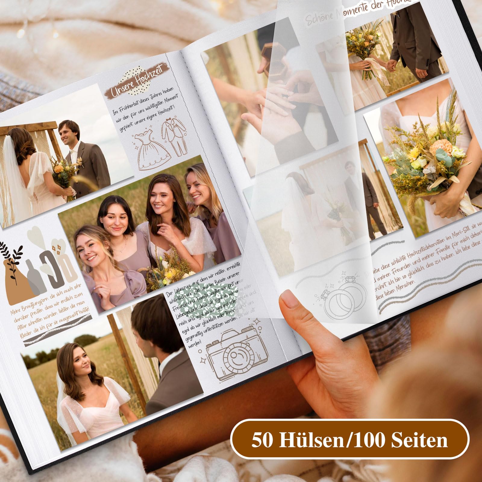 Lanpn Photo Album Scrapbooking Large Linen Window Design DIY Scrapbook 100 Blank Pages with Cellophane Dividers for Photos 9 x 13 cm 10 x 15 cm 13 x 18 cm (30 x 33.5 cm - Image 4