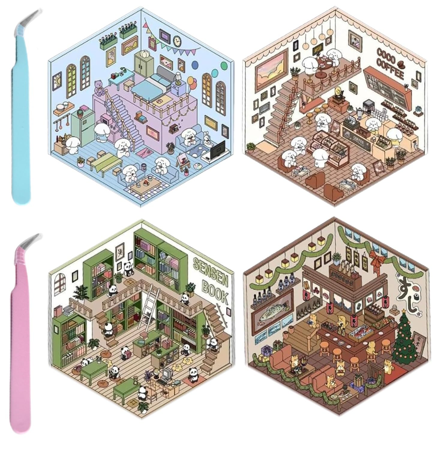 Luzhans 3D House Stickers 4 Sets - DIY Miniatur Haus Aufkleber Mit Pinzette