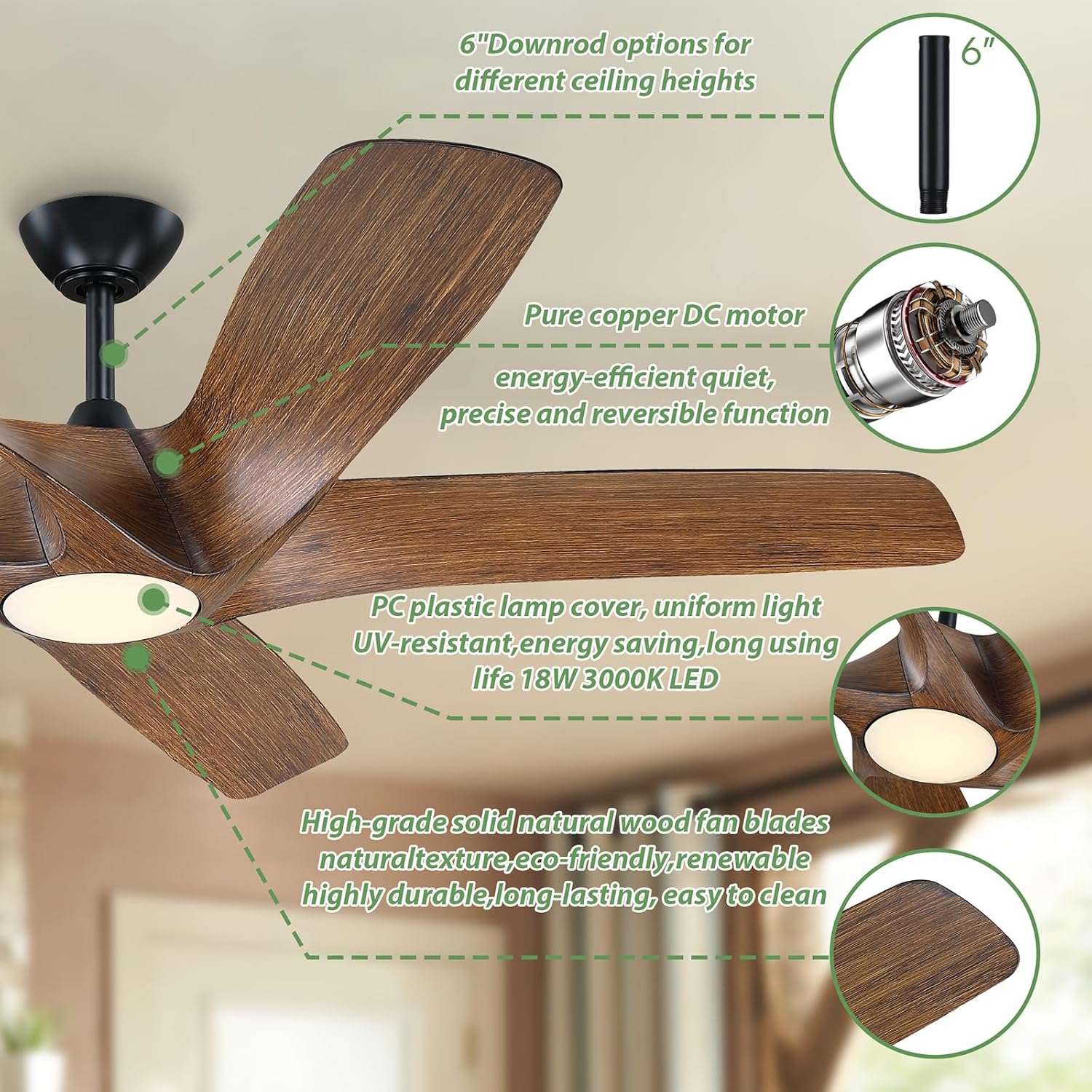 60 Inch Ceiling Fans with Lights and Remote,5 Blades Large Walnut Ceiling Fan, Outdoor Ceiling Fan with 6 Speeds,Reversible DC Motor, Timer for Living Room, Farmhouse, Patio(MBK/DK) - Image 7