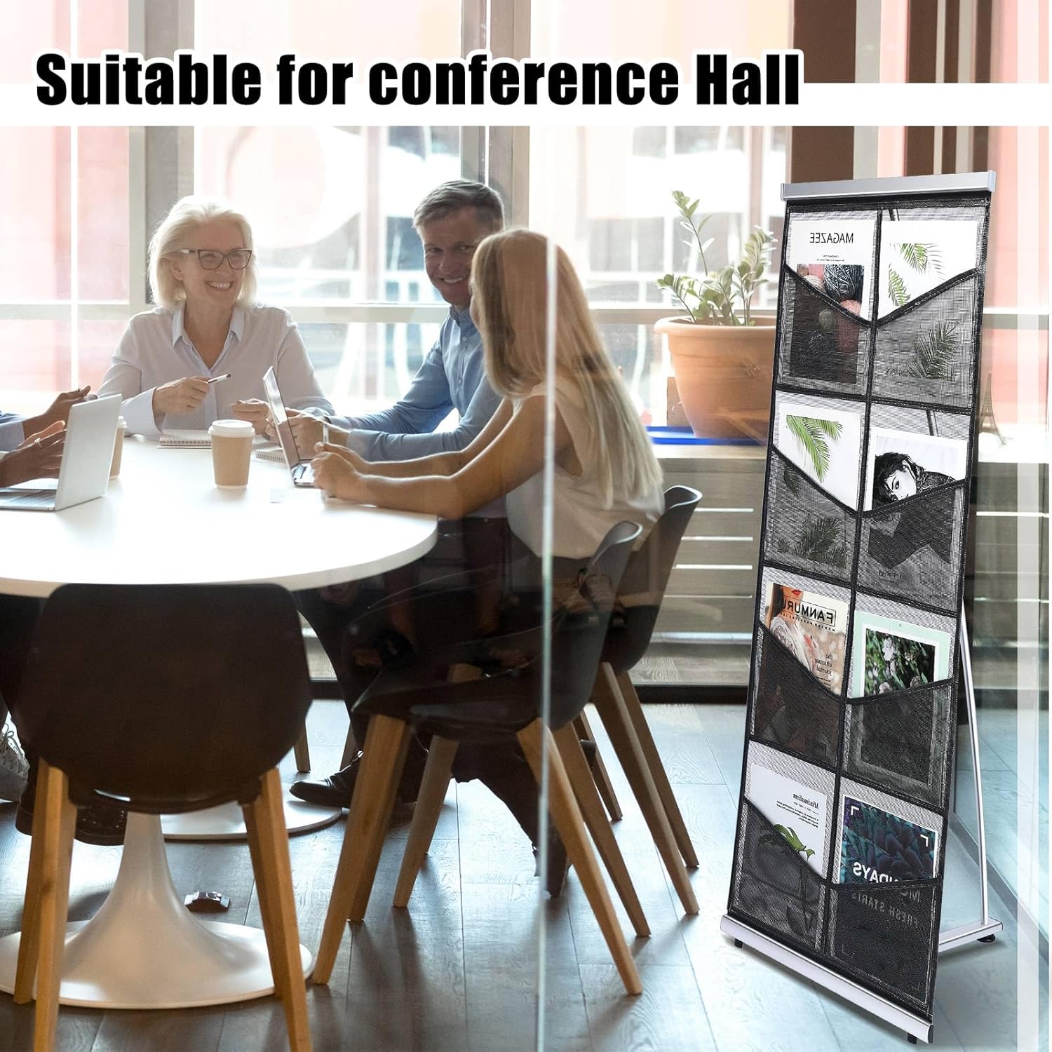 Outus Mesh Literature Brochure Holder with 8 Pocket Portable Magazine Display Roll Up Magazine Rack Lightweight Floor Standing Catalog Office Brochure Display Stand for Business Trade Shows (Black)