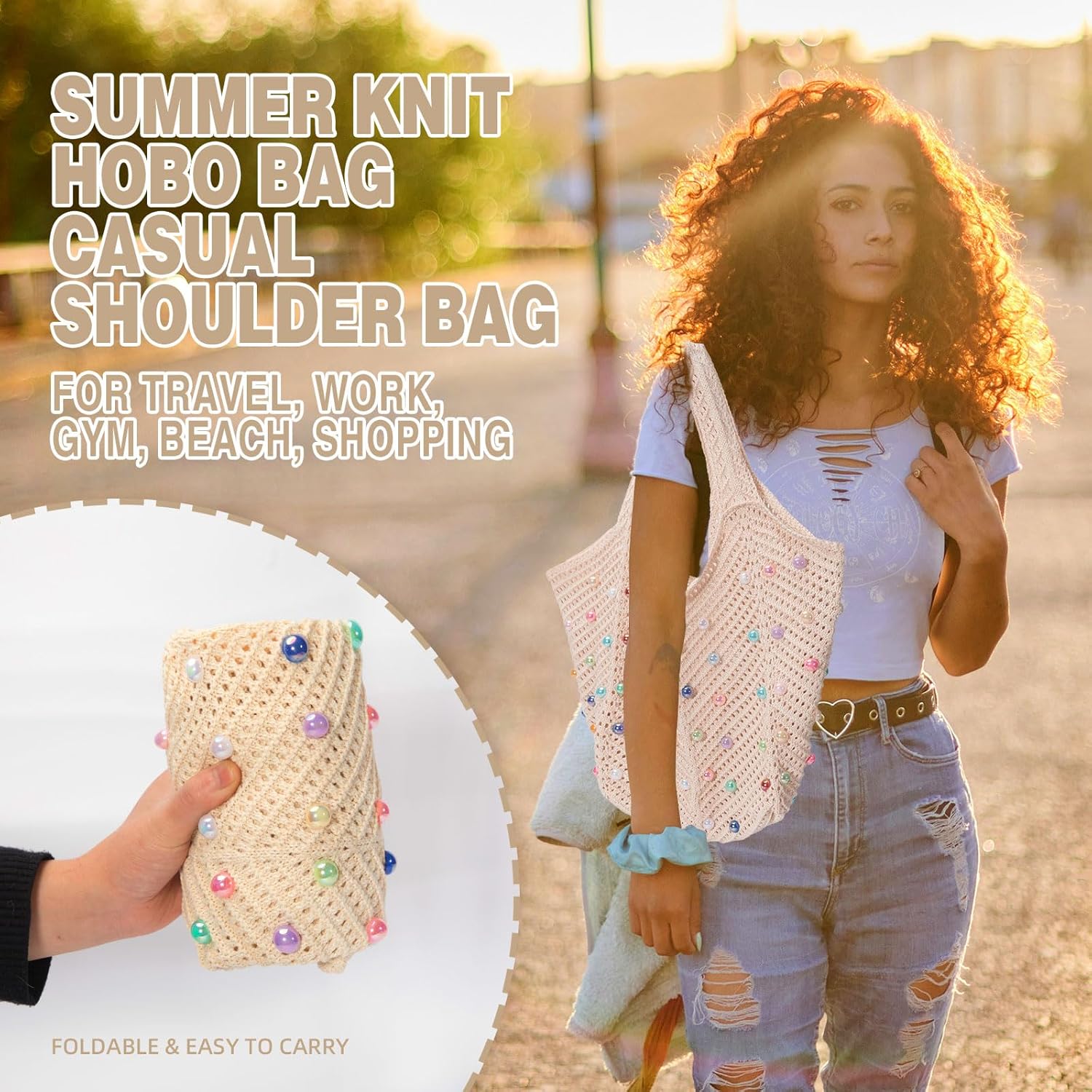 Iqimott Boho Crochet Beach Tote Bag for Women, Summer Knit Hobo Bag Shoulder Bag with Colored Beads, Casual Organizer Handbag - Image 4