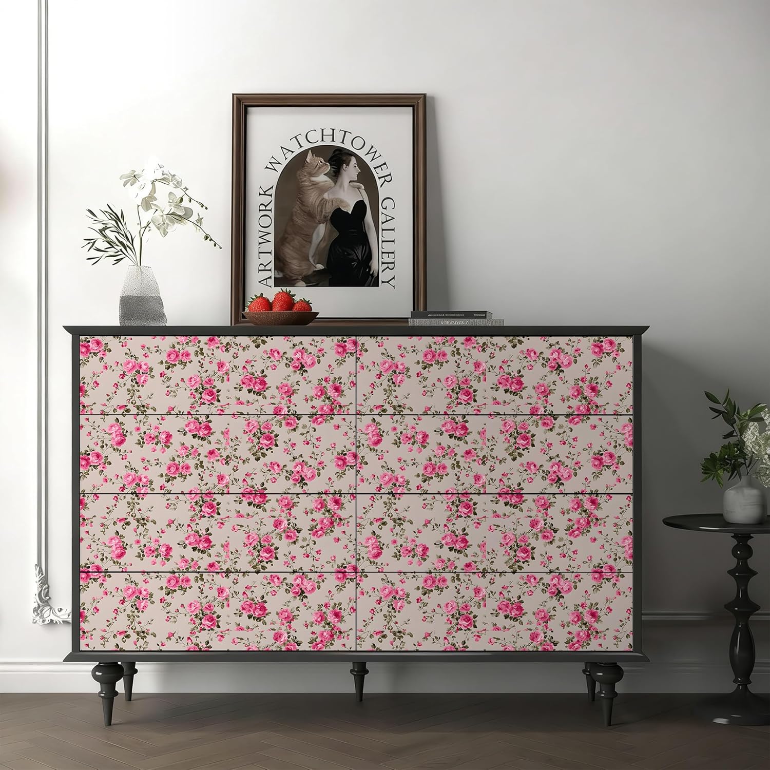 Peel and Stick Rose Floral Wallpaper, Beige Background with Pink Roses and Green Leaves, Removable Self-Adhesive Vintage Cottage Wall Decor for Bedroom Accent Wall Cabinets, 17.3" x 39.3" (Pink)