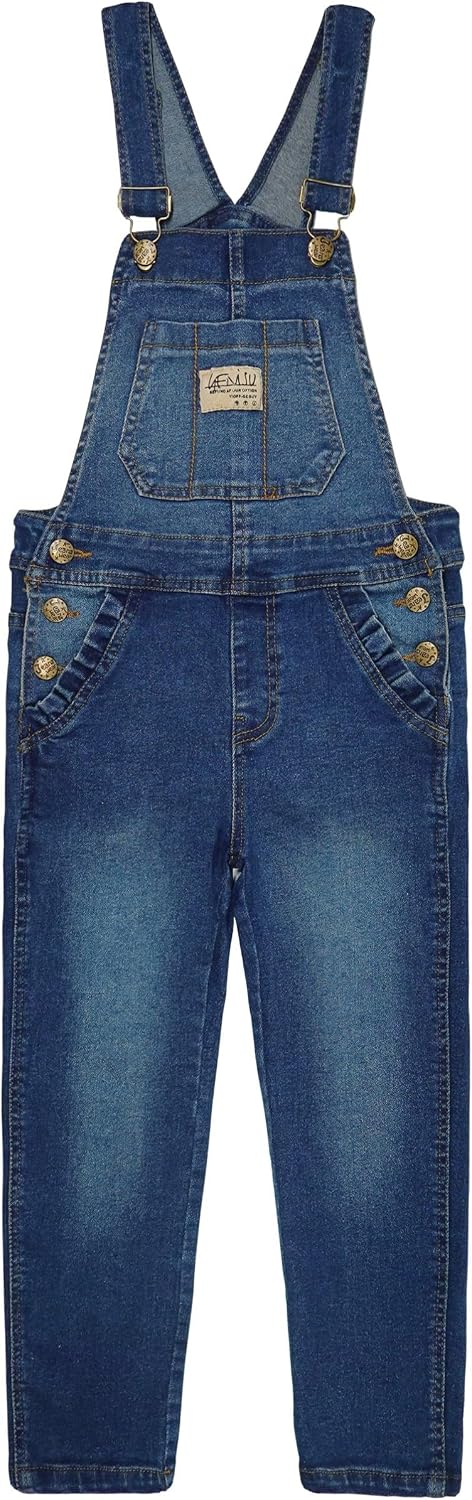 KIDSCOOL SPACE Girls Denim Overalls,Elastic Band Inside Flap Pockets Soft Stretchy Jeans Jumpsuit
