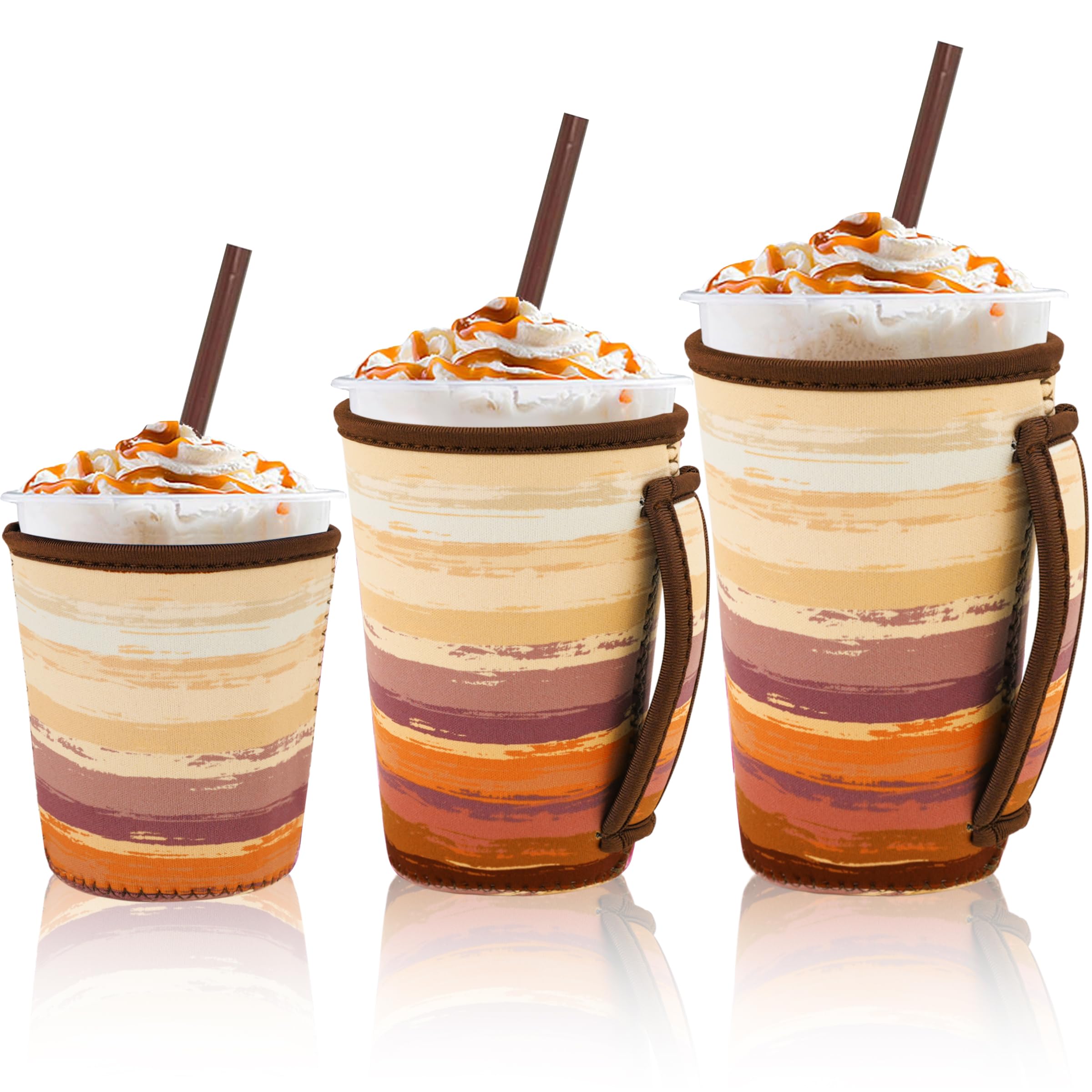 3 Pack Reusable Insulated Neoprene Iced Coffee Cup Sleeve with Handle, Durable Drink Sleeve for Cold Beverages, Beverage Holder for Iced Coffee (Brown Gradient)