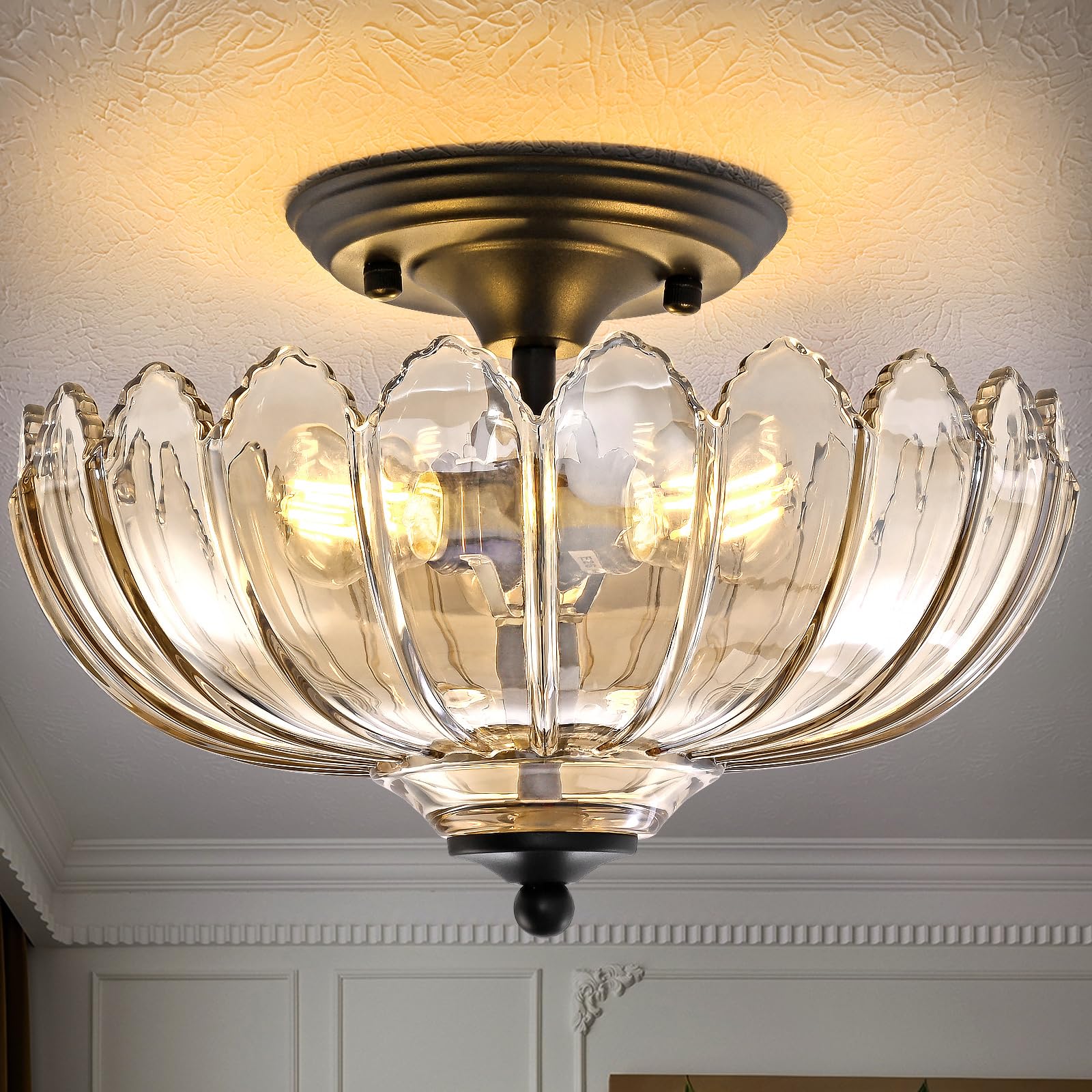 Photo 1 of Ruibutrade Cognac Glass Ceiling Light Fixture - Handmade Art Glass Semi Flush Mount Lighting, 3 E26 Base Vintage Chandelier with Rich Cognac Shade, Dimmable for Bedroom Kitchen Entryway