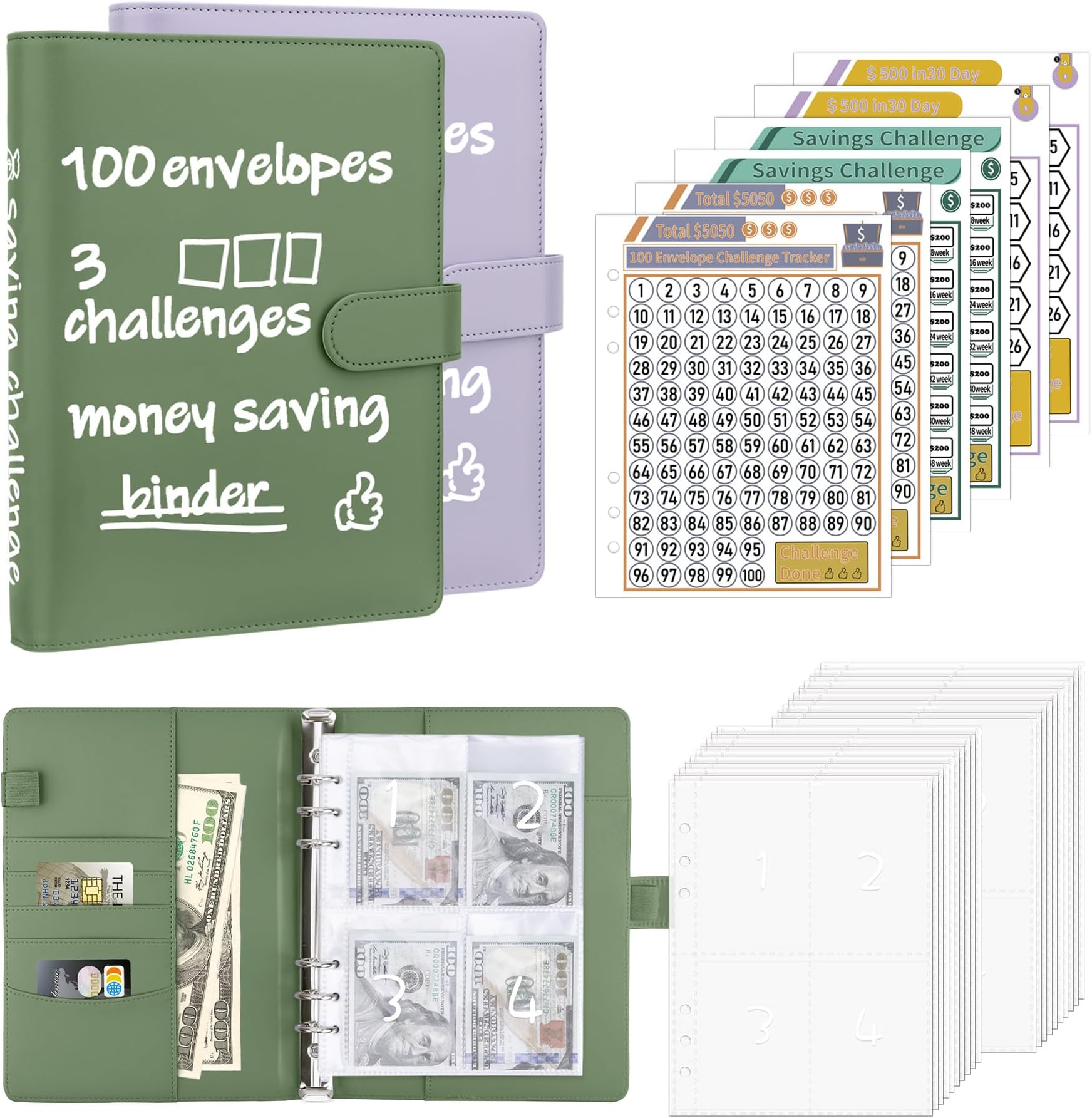Antner (2 Sets) 100 Envelopes Money Saving Challenge A5 Budget Binder Savings Challenge Book with 200 Pre-Numbered Envelopes & 6 Trackers to Save $5,050, $500 and $10,000, Olive Green & Purple