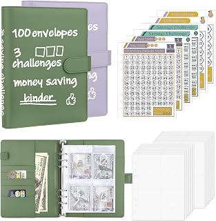 Antner (2 Sets) 100 Envelopes Money Saving Challenge A5 Budget Binder Savings Challenge Book with 200 Pre-Numbered Envelopes & 6 Trackers to Save $5,050, $500 and $10,000, Olive Green & Purple