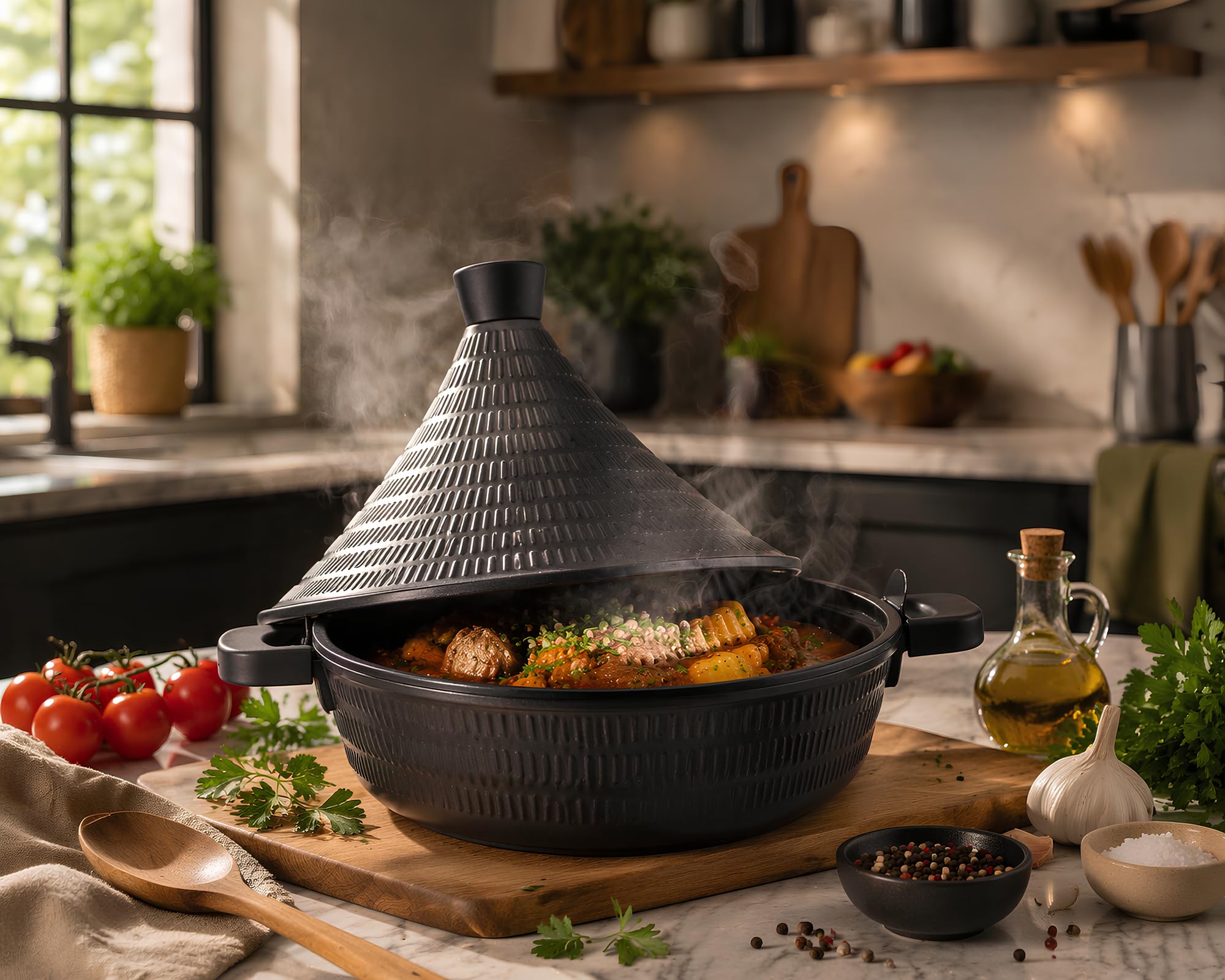 Marokański garnek na taginę, 28 cm, 4,5 l, aluminium kompatybilne z indukcyjnością, samopływowa pokrywka do powolnego gotowania, nieprzywierająca teflonowa i bez PFOA, duża taga do zapiekanek, dla 4-6