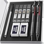 Nicpro 2 PCS Mechanical Pencils 0.5mm & 0.7 mm with Case, Metal Artist Pencil Set with 4 Tubes HB Lead Refills, 2 Erasers, 9 Eraser Refills For Art Writing Drafting, Drawing, Sketch, Silver
