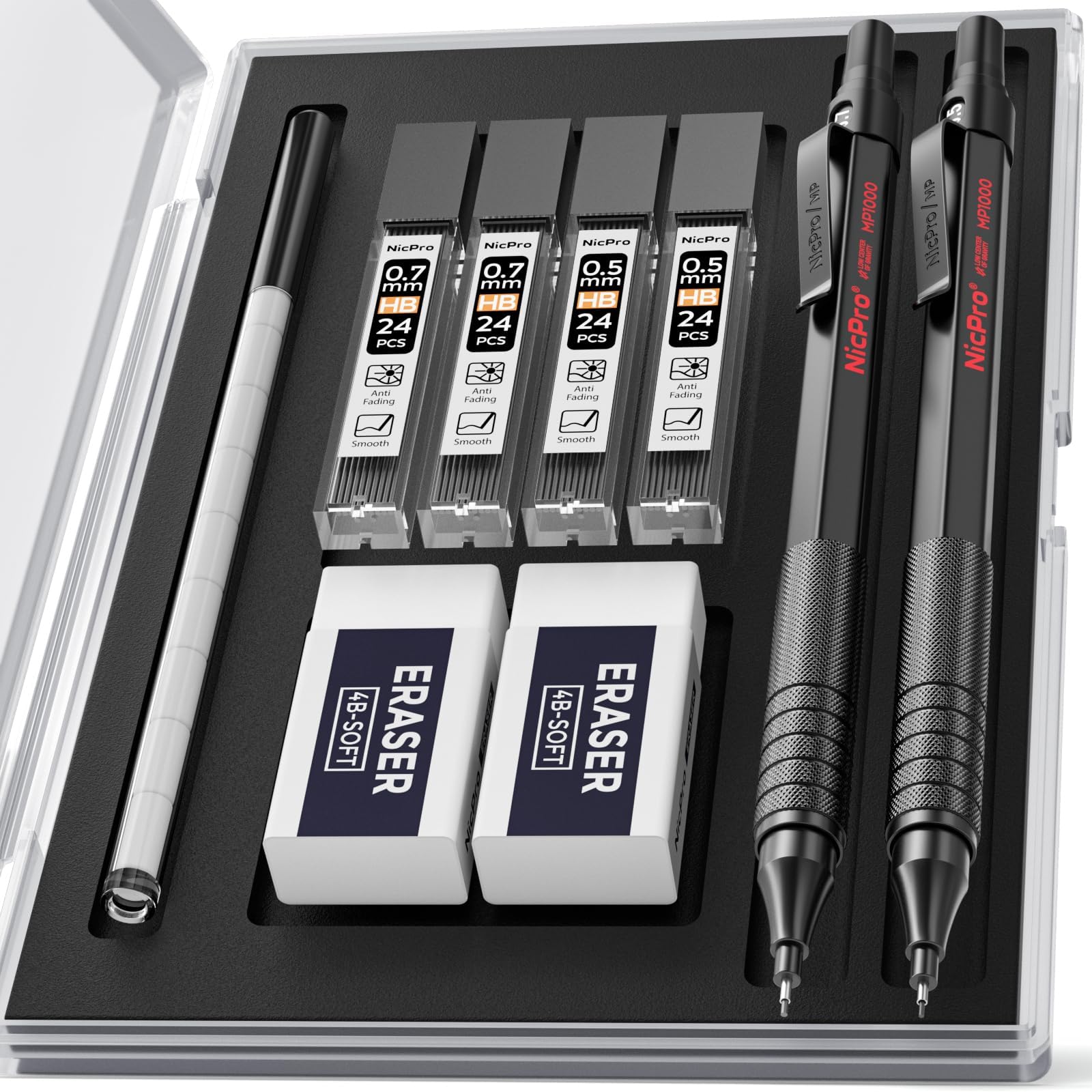 Nicpro 2 PCS Mechanical Pencil 0.5mm & 0.7 mm with Case, MP1000 Metal Artist Pencil Set with 4 Tubes HB Lead Refills, 2 Erasers, 9 Eraser Refills For Art Writing Drafting, Drawing, Sketch, Black