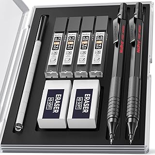 Nicpro 2 PCS Mechanical Pencil 0.5mm & 0.7 mm with Case, MP1000 Metal Artist Pencil Set with 4 Tubes HB Lead Refills, 2 Erasers, 9 Eraser Refills For Art Writing Drafting, Drawing, Sketch, Black