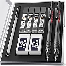 Nicpro 2 Pieces Black Metal Mechanical Pencils Set, Mechanical Pencil Art Pencils 0.5 mm & 0.7 mm with 4 Tubes HB Lead, 2 Eraser, Pencil Case for Artist School Students Drawing Writing Sketches