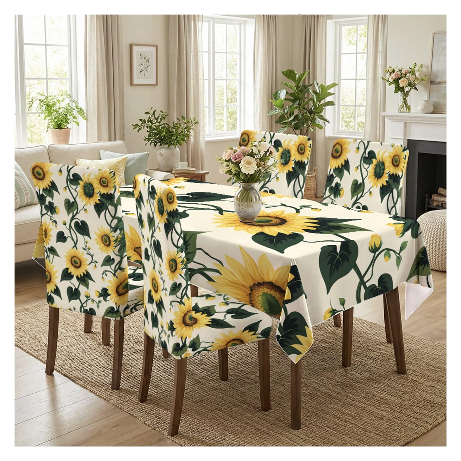 KXUAUV Sunflower Print Dining Chair Covers & Matching Tablecloth, For Rustic Kitchen & Farmhouse Decor, 5/7pcs Party Decor(5pcs Set: Tablecloth+Chair Covers)