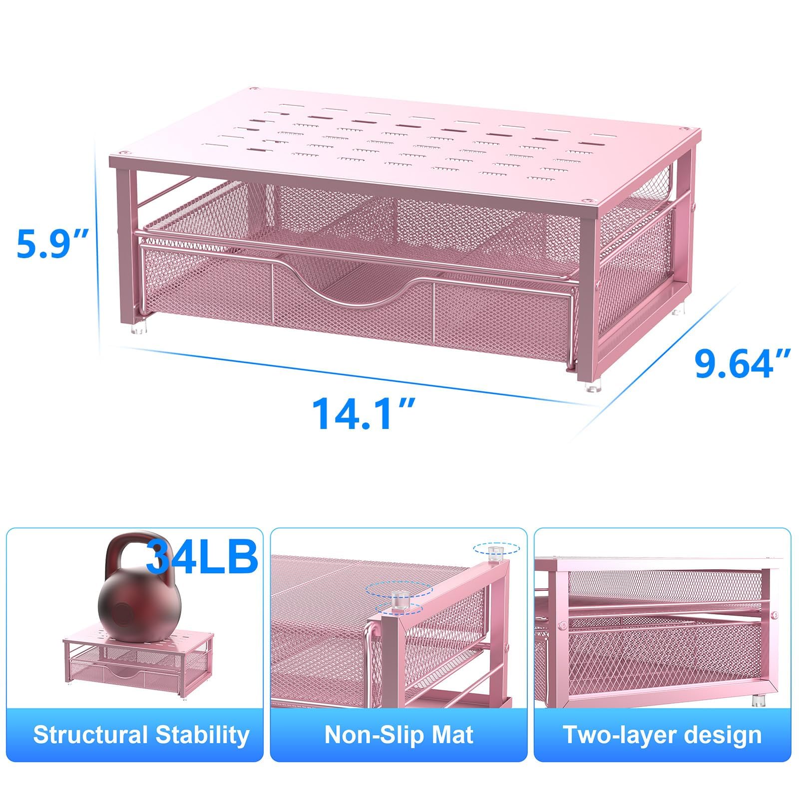 Support pour écran d'ordinateur, organiseur de bureau et accessoires avec tiroir, accessoires de bureau et espace de travail pour imprimante (rose)