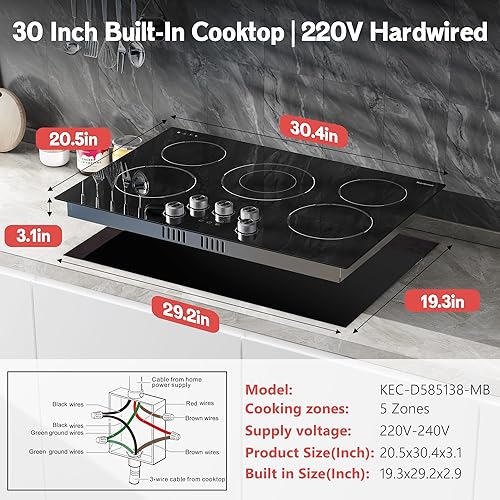 Vista 8 de Placa de cocción eléctrica empotrable de 30 pulgadas Karienvir, placa de cocción de 5 quemadores de 8500W, perilla antideslizante y control táctil