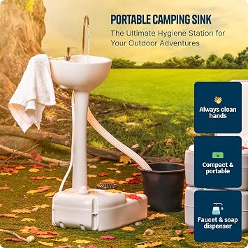 Alpcour Portable Camping Sink Indoor/Outdoor Travel Hygiene Station with Basin, Running Faucet, Soap Dispenser, Towel Rack, Drain Hose, Hands-Free Foot Pump, Stakes & Carry Bag 17L Water Capacity