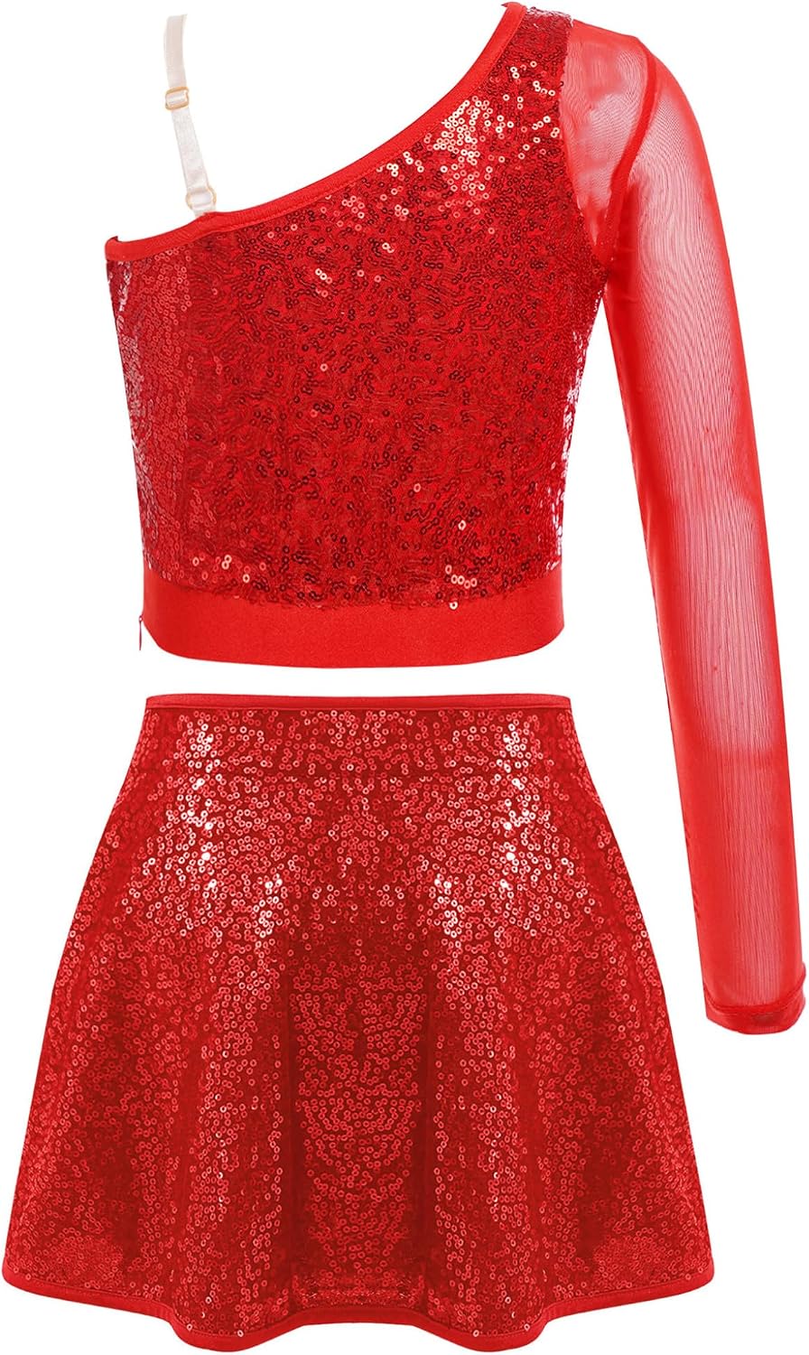 Kids Girls Dance Performance Outfits Sequins One Shoulder Dance Tops with Metallic Skirt Cheerleading Dancewear