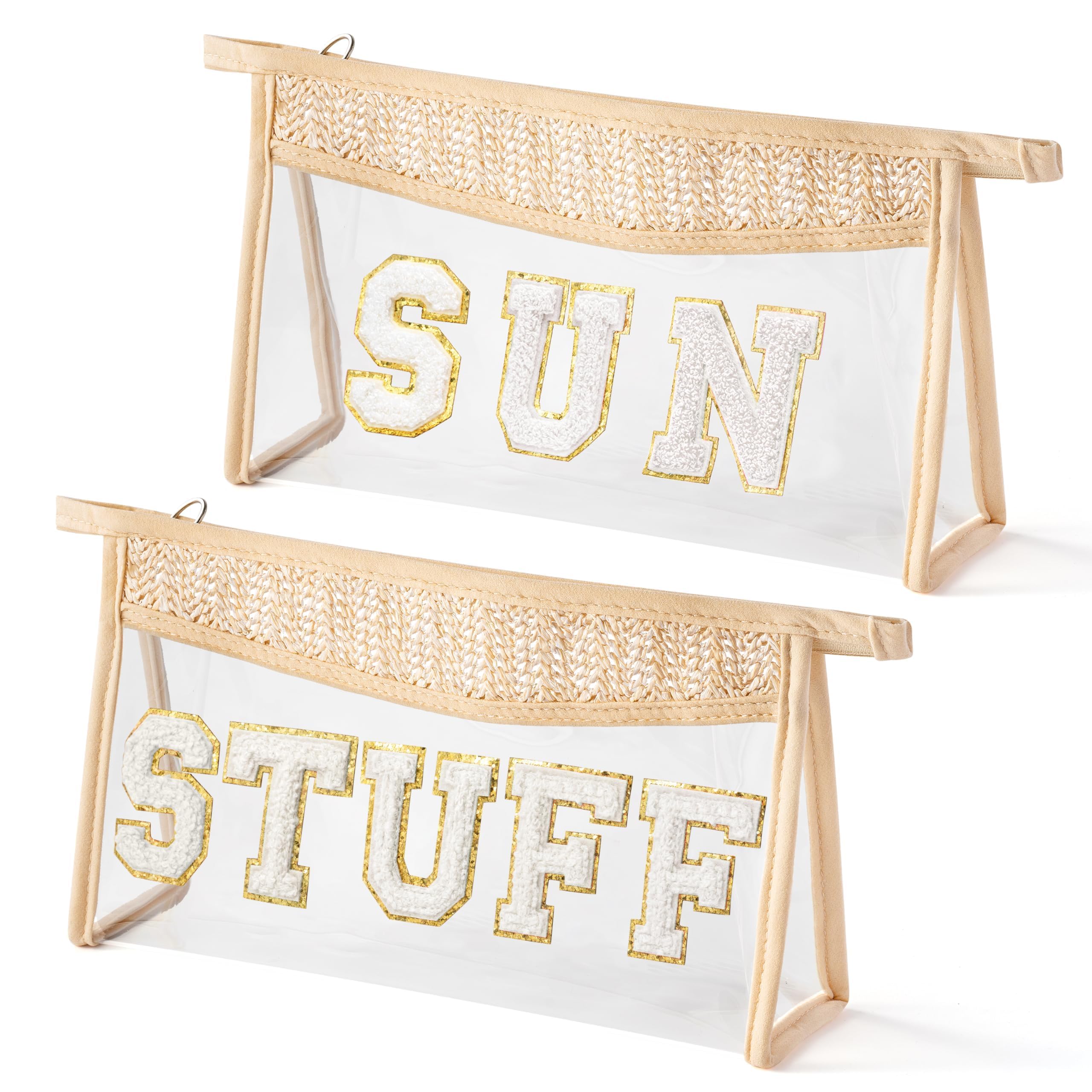 Belanttega Boho Patch Cosmetic Bags - Summer 2Pcs White SUN STUFF Chenille Varsity Letter Clear Toiletry Kit Waterproof Portable Makeup Bag PVC Clutch