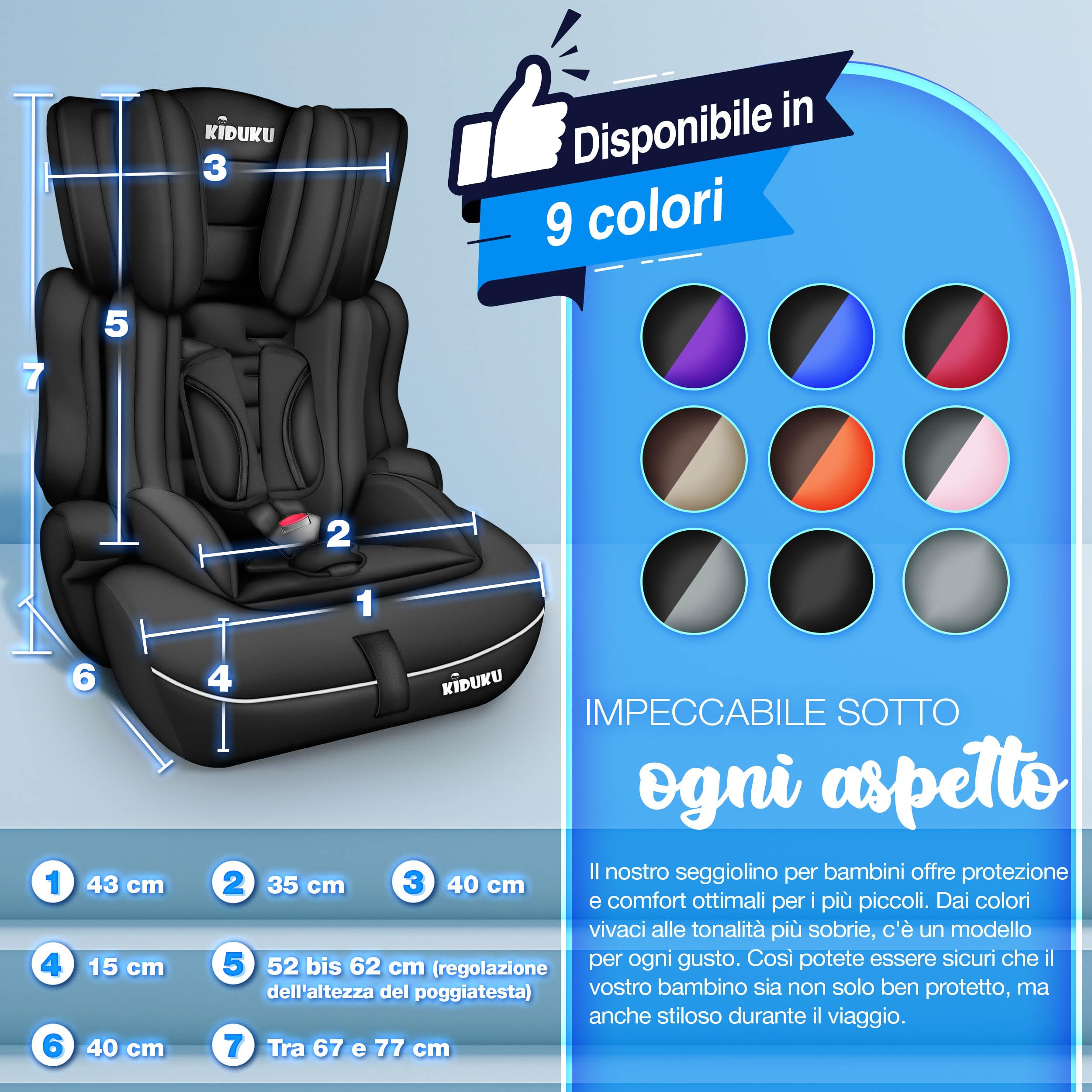 KIDUKU Seggiolino auto con coprisedile, cresce con il bambino, sedile, universale, approvato con la normativa ECE R129/03, 9-36 kg (1-12 anni), gruppo 1+2+3 (Noir)