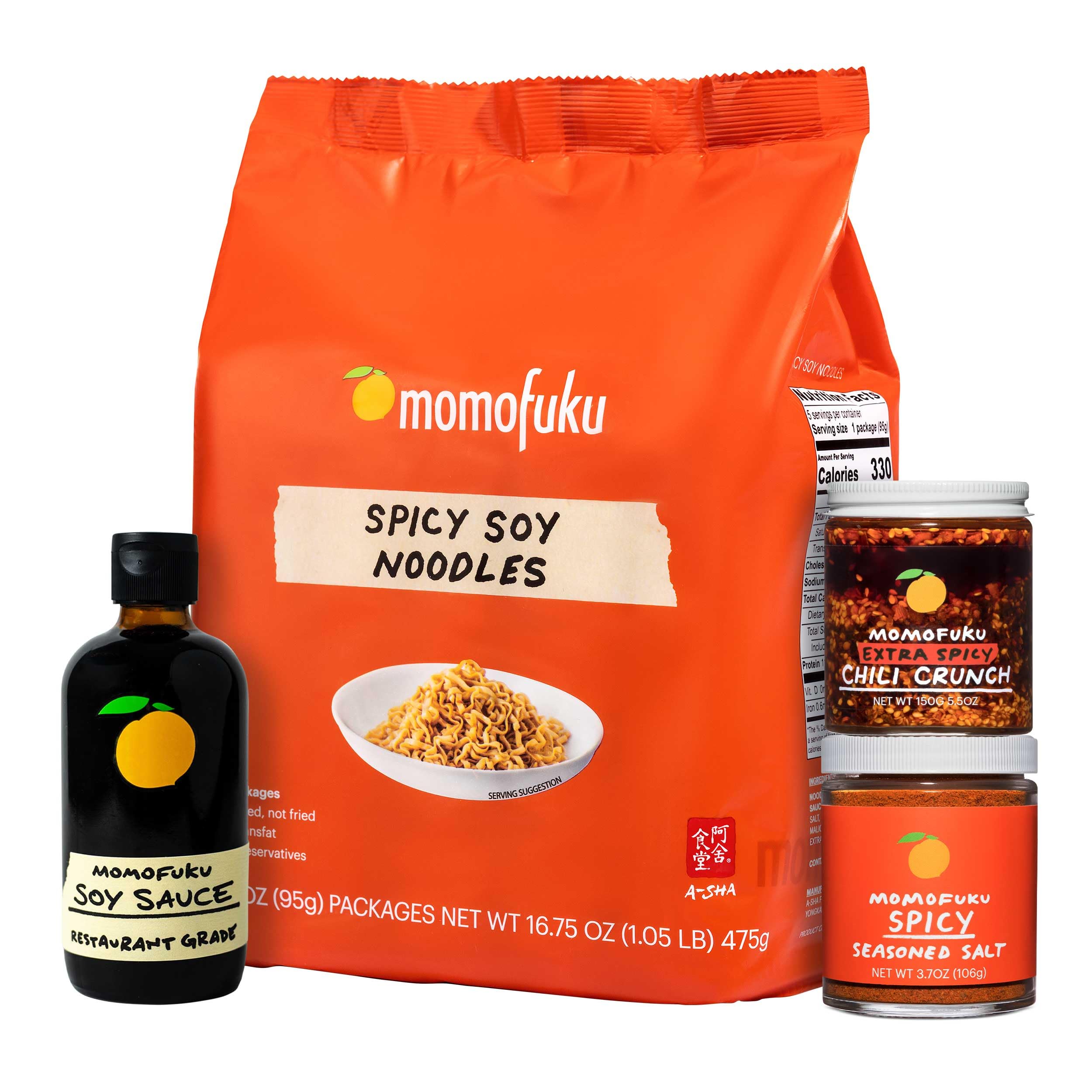 Spicy Momofuku Starter Pack by David Chang, Contains Extra Spicy Chili Crunch, Spicy Soy Ramen, Soy Sauce, and Spicy Salt, Chef Made for Cooking, Asian Snacks