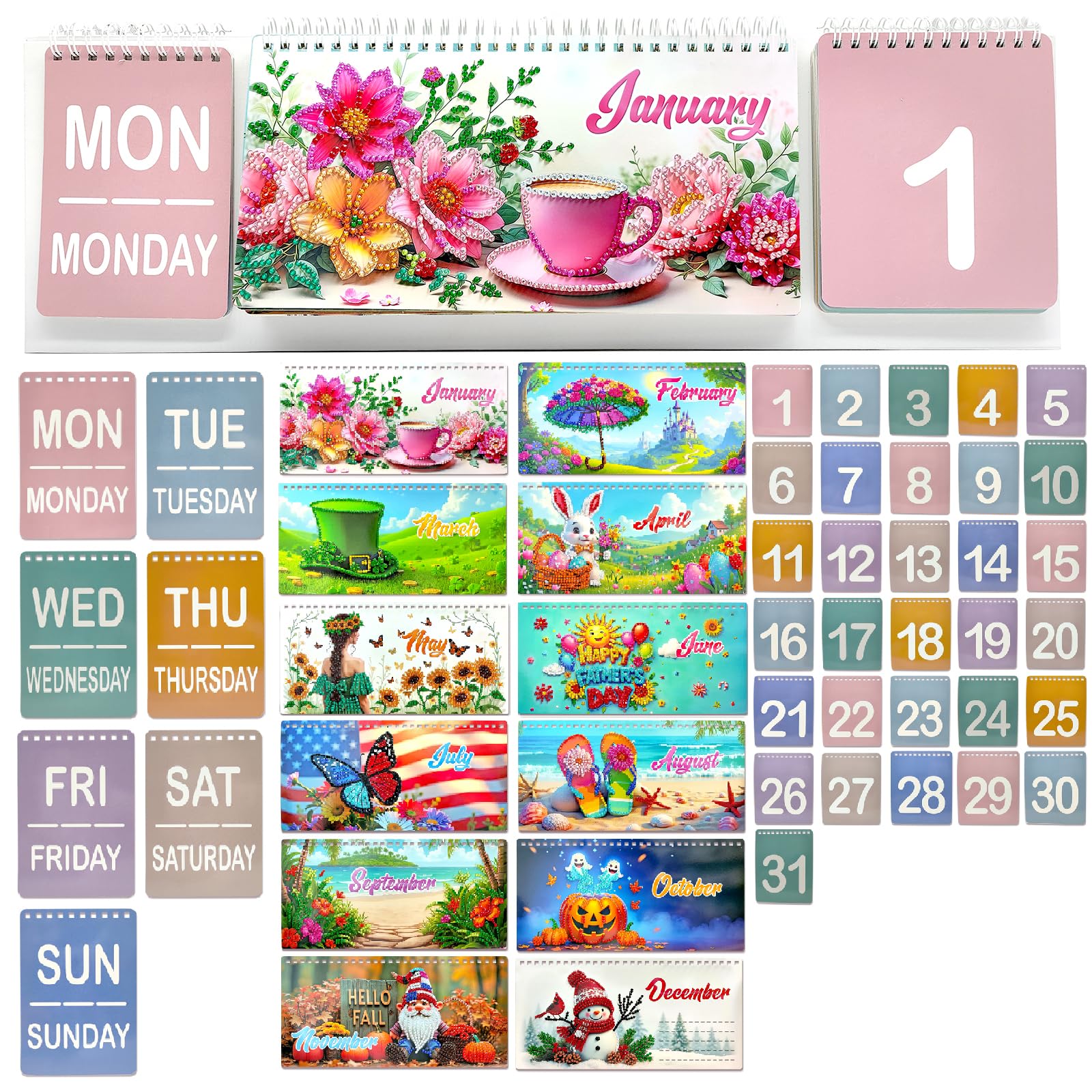 Lebartm Perpetual Calendar Reusable DIY Diamond Art Painting Desk Calendar Set Date Month and Week Individually Flip Diamond Art for Tabletop Home Office Planning-Calendar01