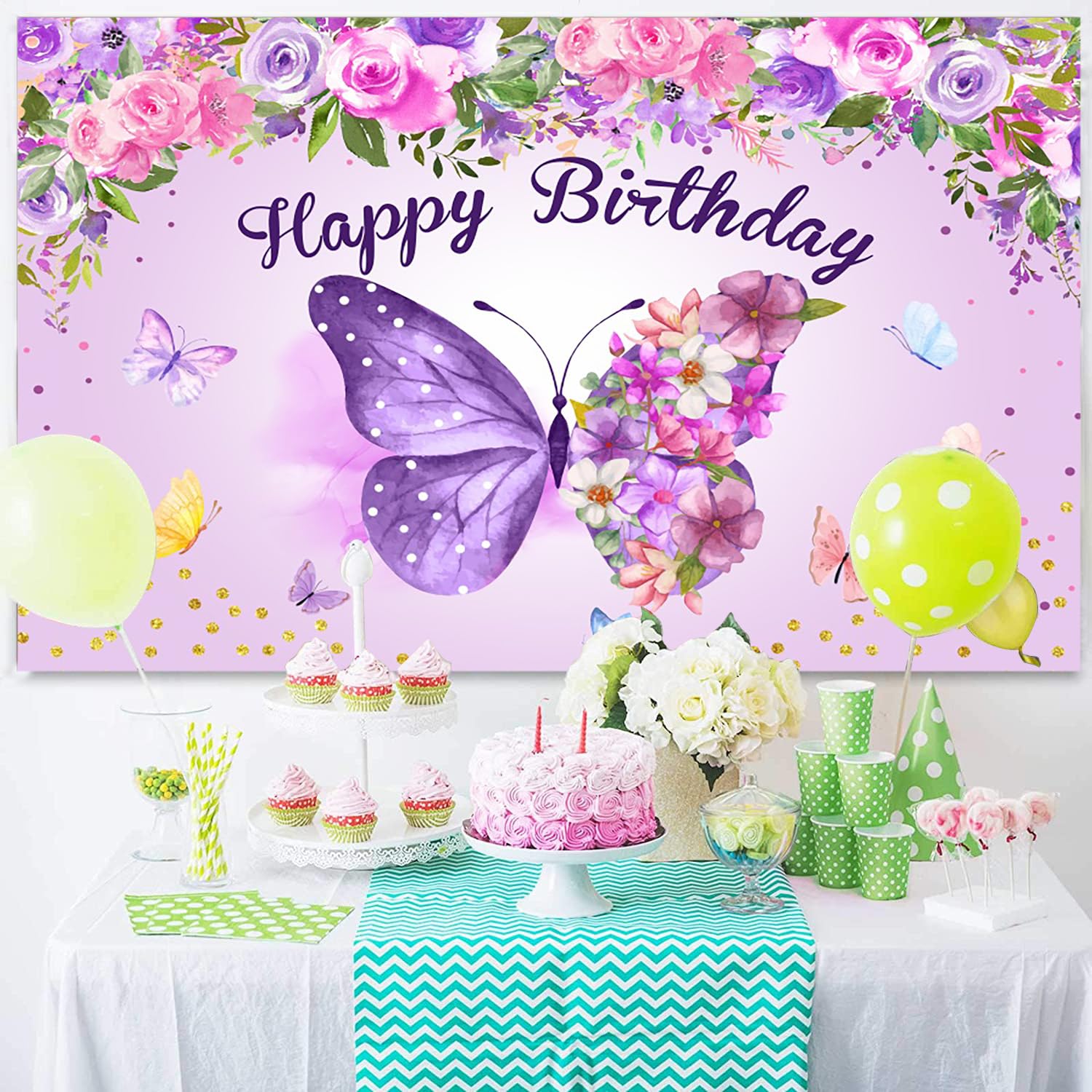 2,4 x 1,8 m Farfalla Buon Compleanno Sfondo Viola Farfalla Fiori Fotografia Sfondo per Ragazze Donne Festa di Compleanno Torta Tavolo Banner Decorazioni Forniture Photo Booth Puntelli