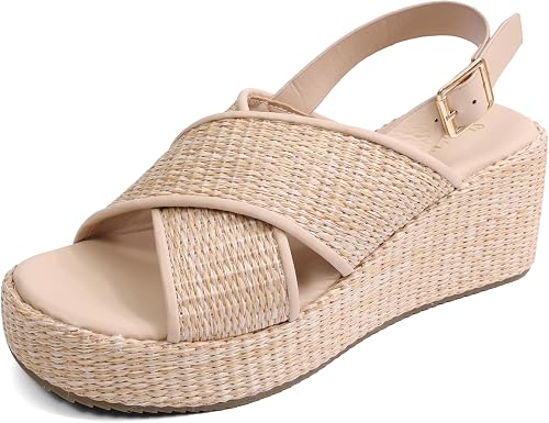Shoe'N Tale Women's Wedge Sandals with Open Toe Espadrille Heels Dressy Buckle A