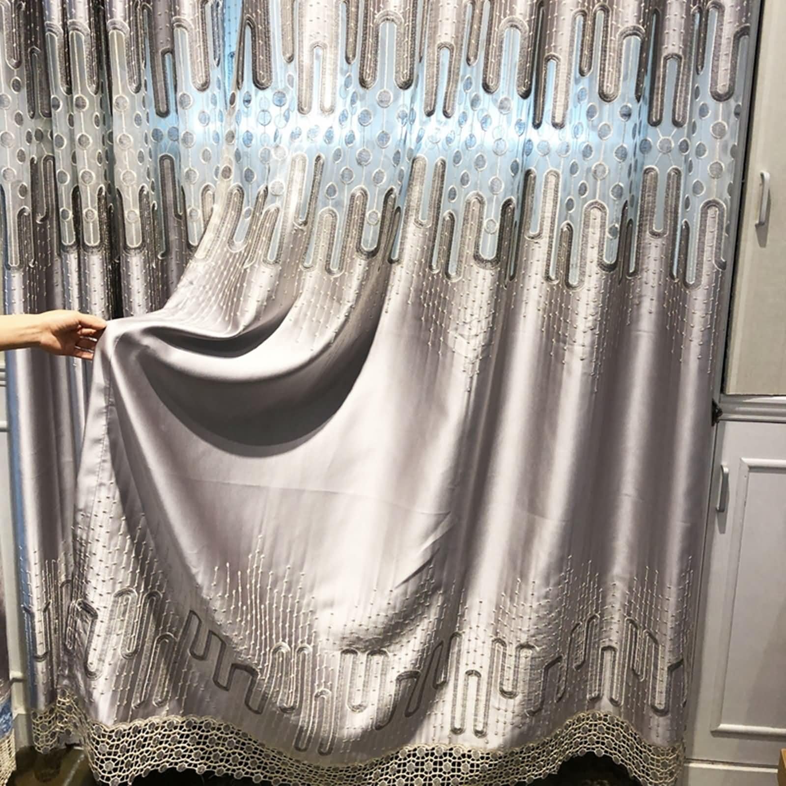 Tende Interni Oscuranti, Tenda Salotto Moderne 96x160cm Poliestere Grigio con Ricami Geometrici, con Gancetti, 2 Pezzi