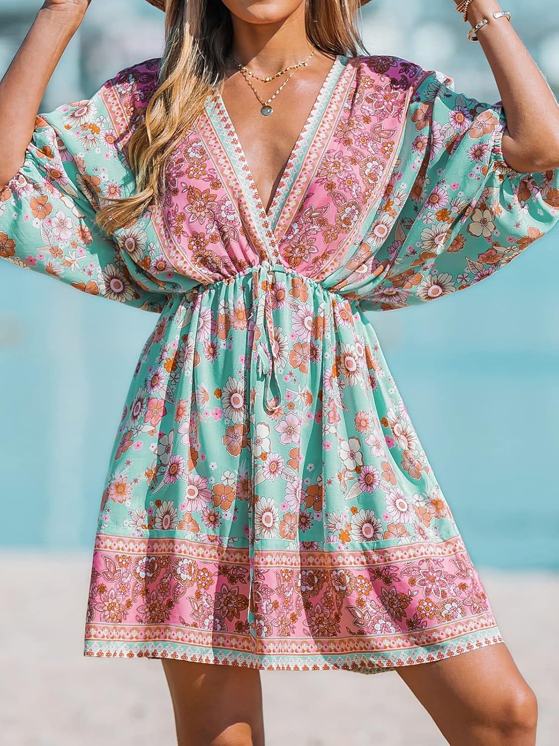 CUPSHE Women Casual Boho Sundress Summer Floral Print Tie Front Dress 3/4 Sleeves Paisley Beach Mini Dresses - Image 4