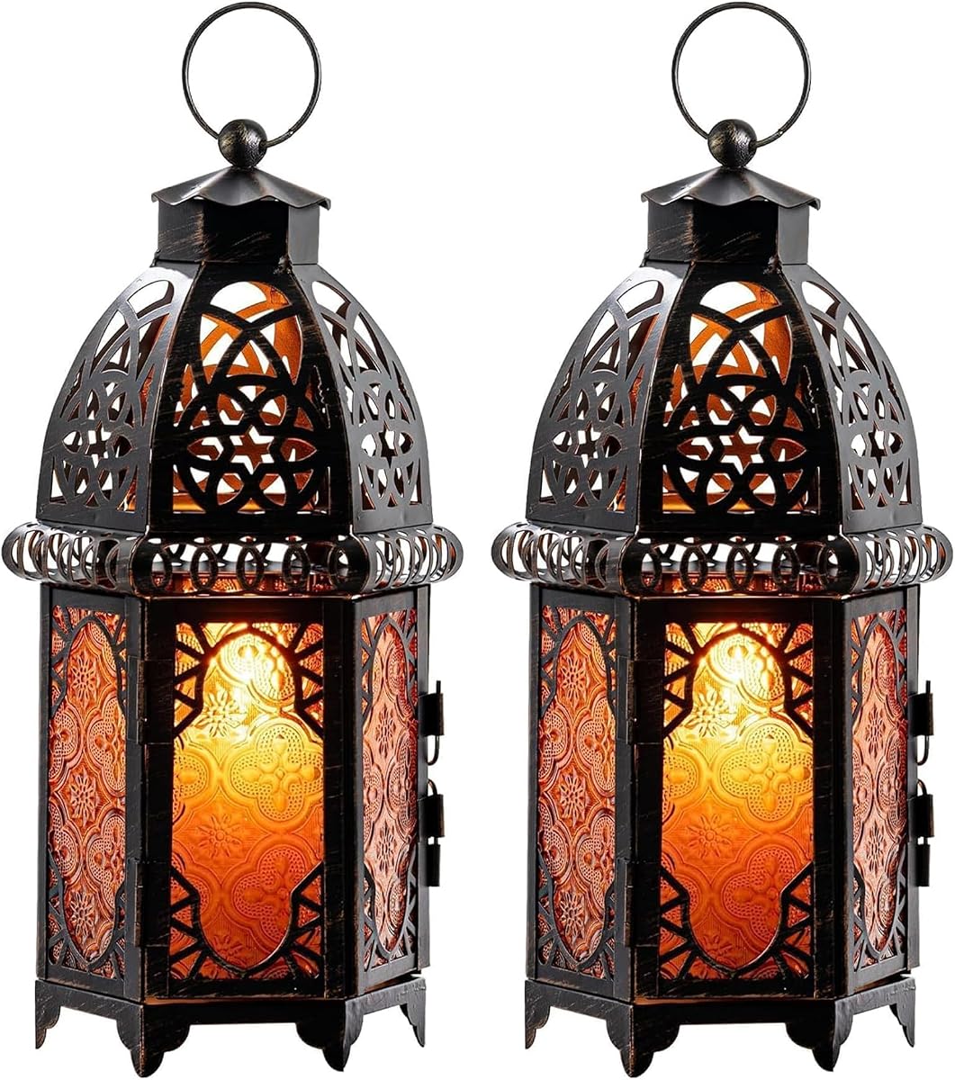 Juego de 2 farolillos marroquíes decorativos grandes vintage, 12.8 pulgadas de metal para colgar y farol de mesa, decoración navideña, decoración de patio interior y exterior (ámbar) decoraciones de Ramadán