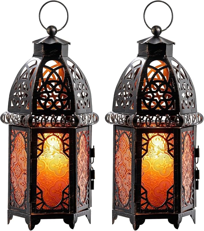 Juego de 2 farolillos marroquíes decorativos grandes vintage, 12.8 pulgadas de metal para colgar y farol de mesa, decoración navideña, decoración de patio interior y exterior (ámbar) decoraciones de Ramadán